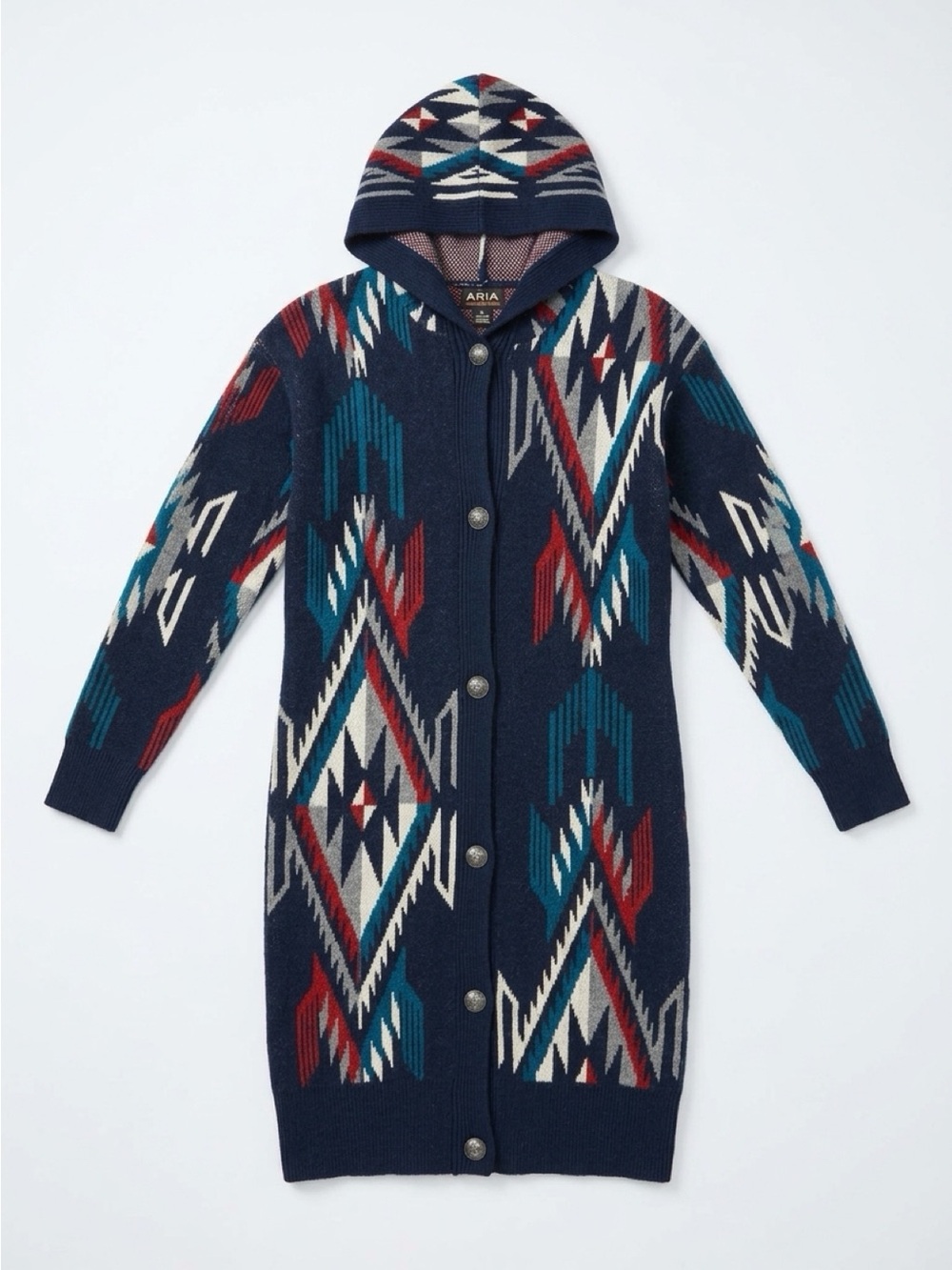 Aria Navy Hooded Aztec-Pattern Cardigan Coat with Red & Teal Accents